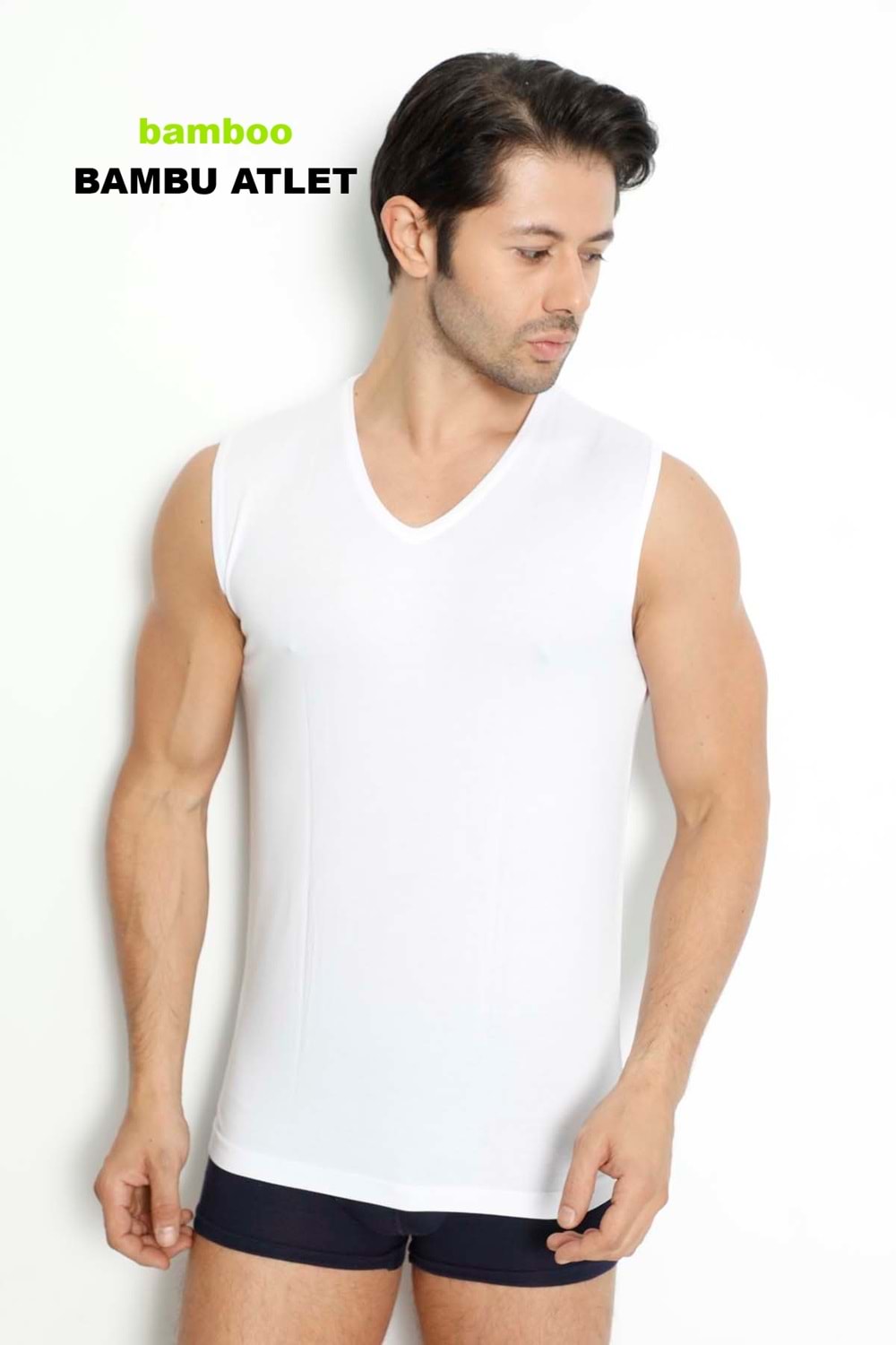 LuxDrm 3904 Erkek Bambu V Yaka Kolsuz Likralı Atlet T-shirt Beyaz ld3
