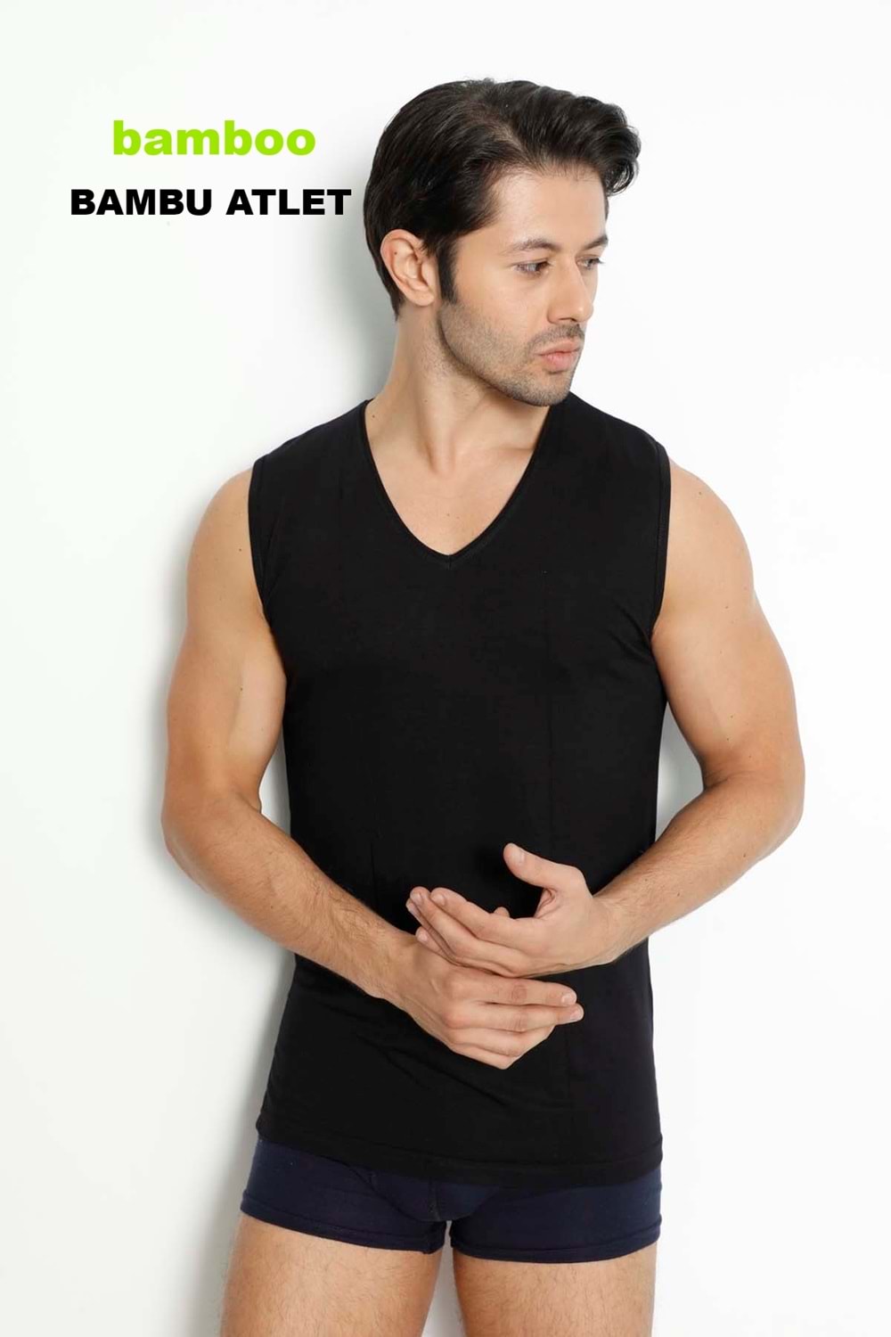 LuxDrm 3904 Erkek Bambu V Yaka Kolsuz Likralı Atlet T-shirt Siyah ld3