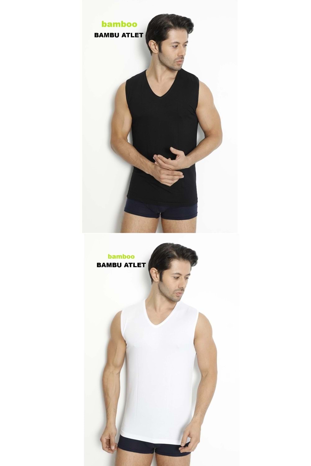 LuxDrm 1Adet Siyah 1Adet Beyaz 2li Set 3904 Erkek Bambu V Yaka Kolsuz Likralı Atlet T-shirt Ld3