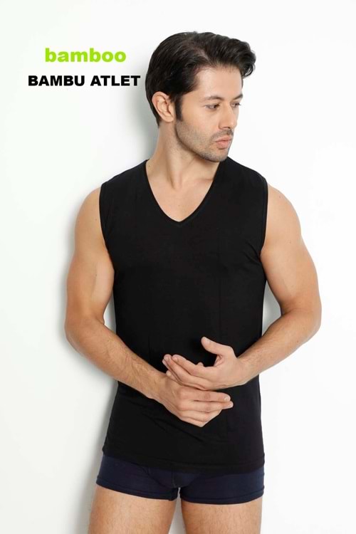 LuxDrm 3904 Erkek Bambu V Yaka Kolsuz Likralı Atlet T-shirt Siyah ld3