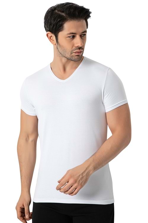 LuxDrm 3905 Erkek Bambu V Yaka Likralı Atlet T-shirt Beyaz ld3