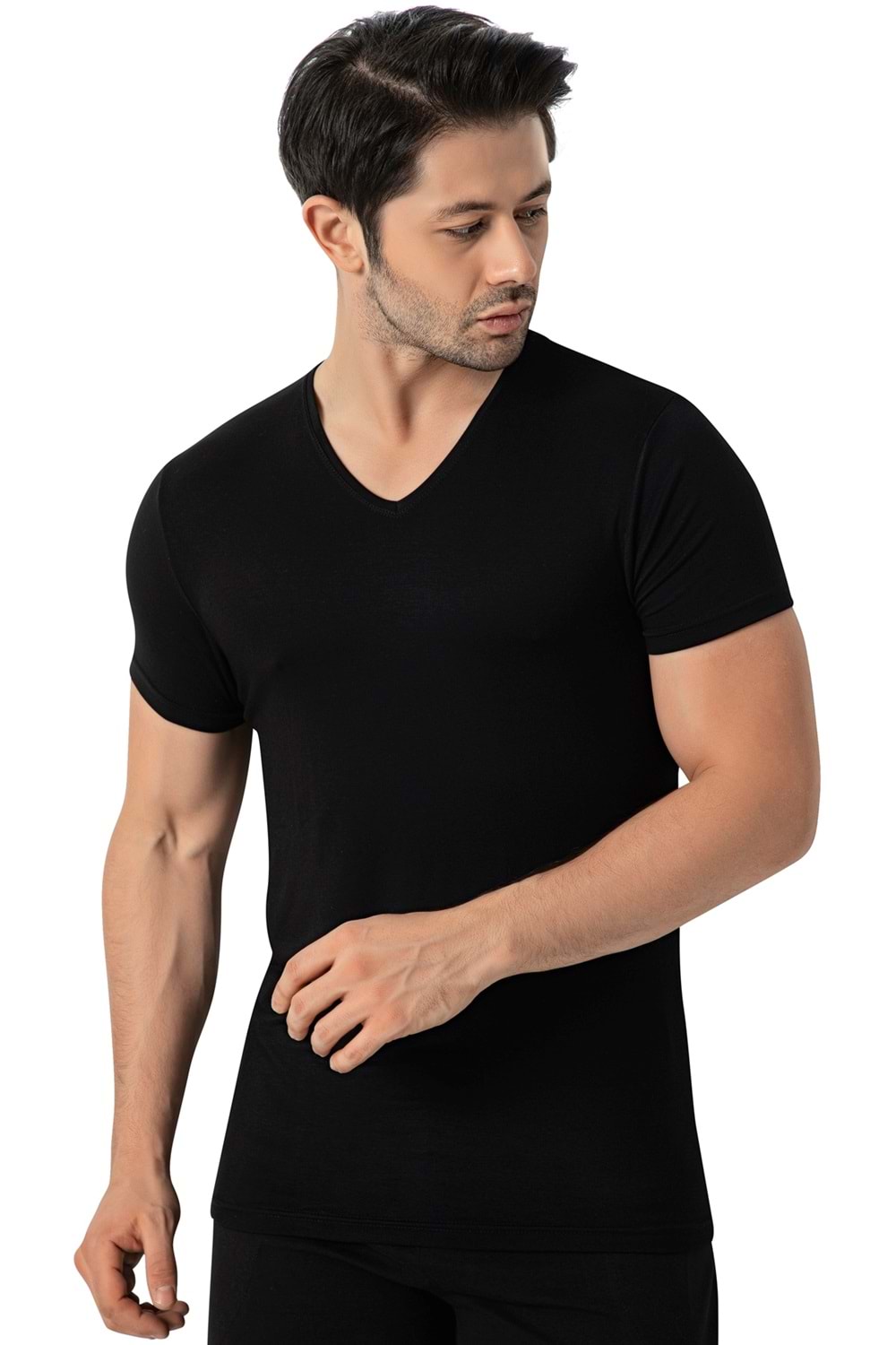 LuxDrm 3905 Erkek Bambu V Yaka Likralı Atlet T-shirt Siyah ld2